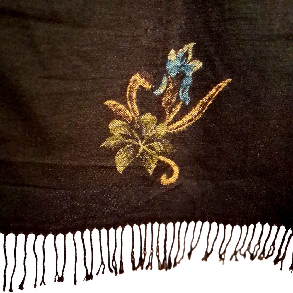Black Shawl Wrap with Vibrant Colorful Floral | Multicolor Woven Fabric - Picture 7 of 16
